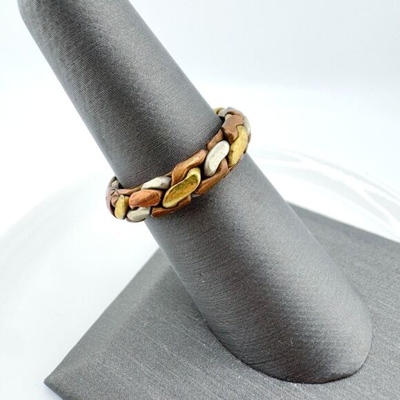 Tri-Color Russian Wedding Band Ring 925 Sterling Silver Mixed Metal Puzzle Ring - Picture 1 of 7
